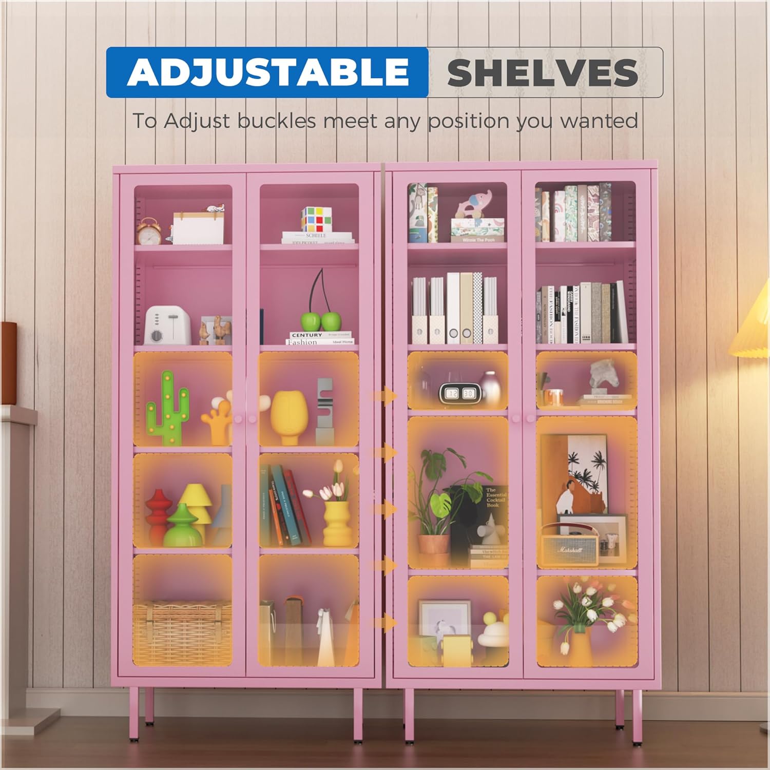 INTERGREAT 67” H Glass Display Cabinet, Metal Curio Cabinet with Tempered Glass Doors & Adjustable Shelves, Metal Storage Cabinets for Living Room, School, Plant, Pink, Assembly Required
