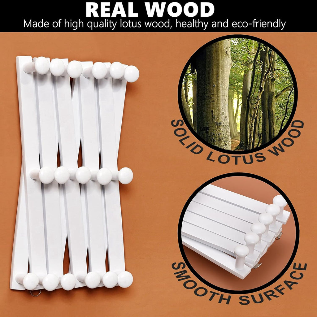 Amber Home Wood Accordion Wall Rack 17 Hooks (Pegs), Expandable Wall Mounted Hanger for Coat, Hat, Scarf, Coffee Mugs, X Shape Coat Hooks (White Color)