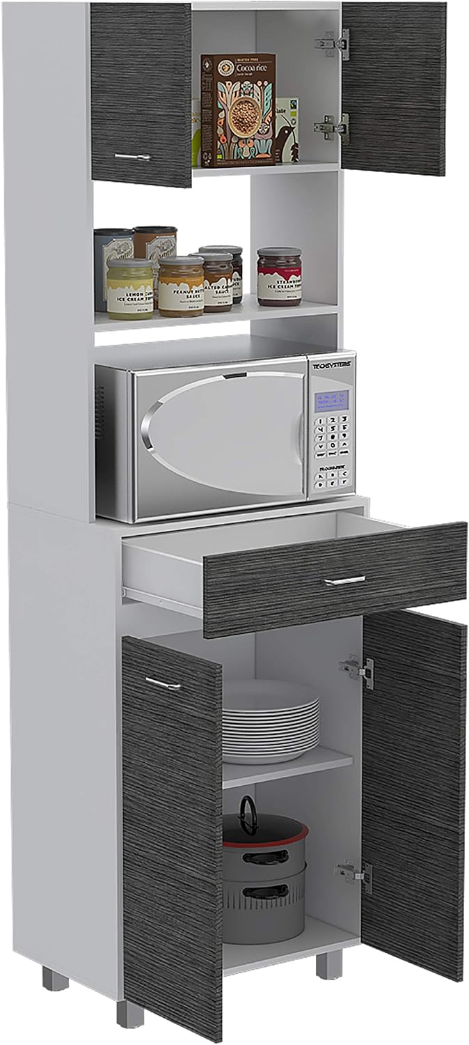 FM FURNITURE Auburn Microwave Pantry with 2 Cabinets, 2 Open Shelves, and Dra...