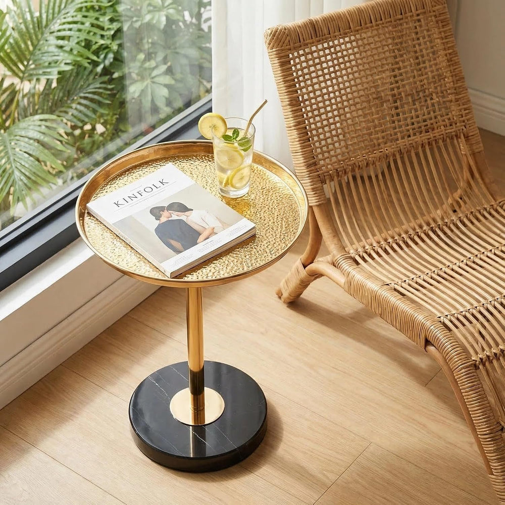 Adjustable Martini Side Table – Small Round Drink Table with Natural Marble B...