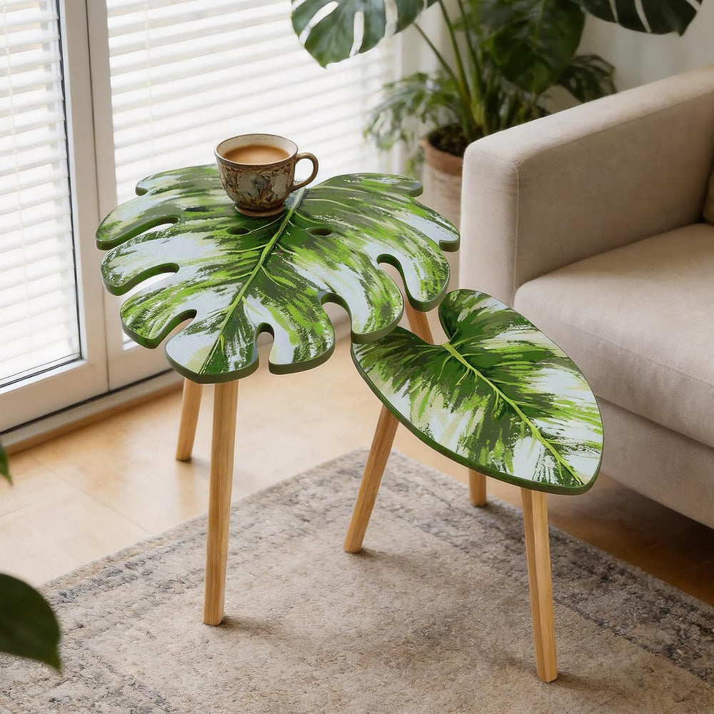 BAMEOS Monstera Leaf Nesting Tables Set of 2, Small Side Tables f Set with Le...