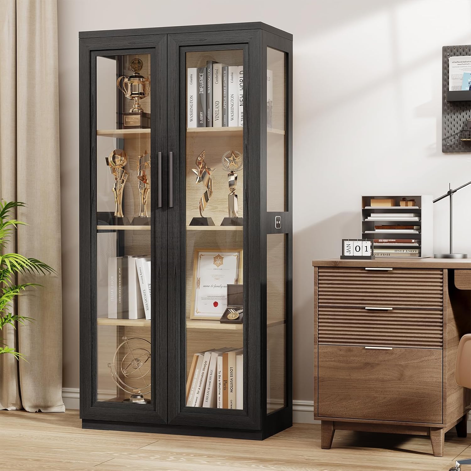 Curio Cabinet with Glass Doors, Bookcase with 4 Shelves, Display Cabinets for Collectibles, China Cabinet with 3 Color LED Lights and Human Body Sensing, Buffer Hinge, Black