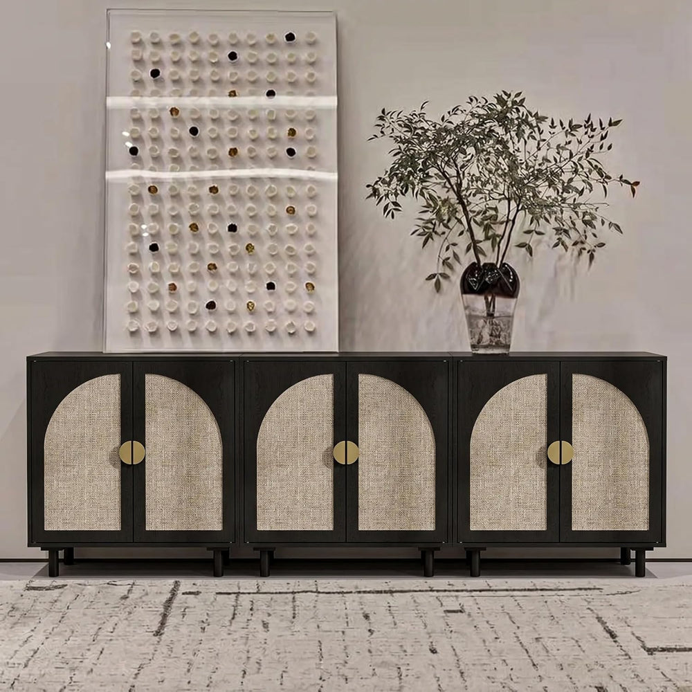 Modern Rattan Storage Sideboard Cabinet, Black Wood Buffet with Magnetic Latc...