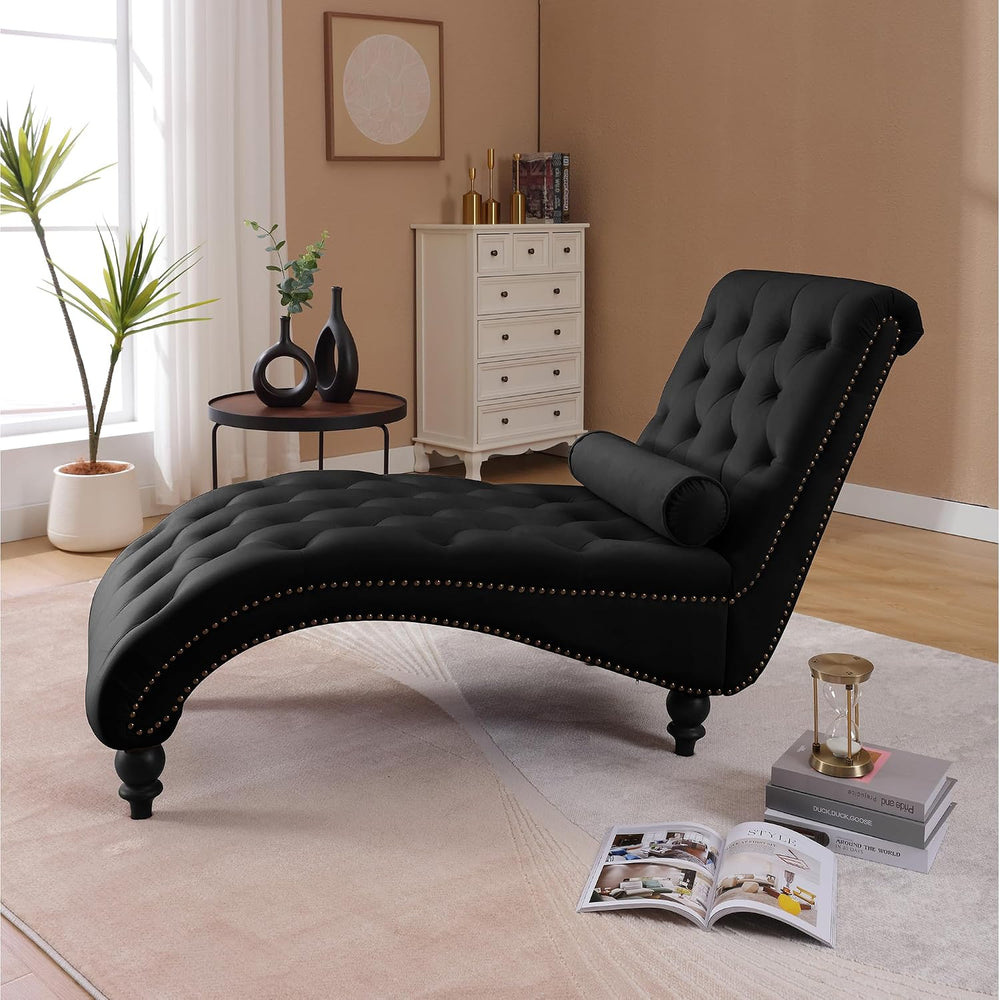 Chaise Lounge Chair Indoor, Velvet Bedroom Accent Lounge Chair | Button-Tufte...