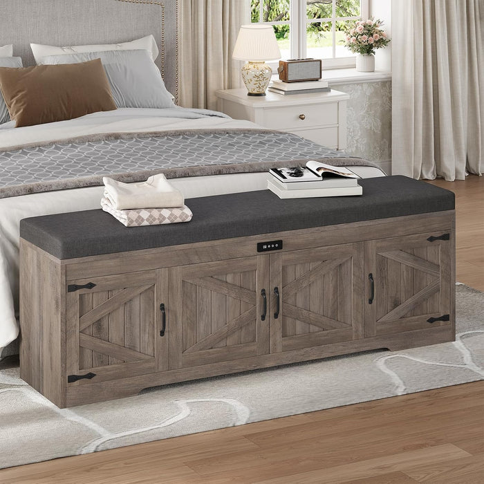 UPOSOJA 60“ Farmhouse Shoe Storage Bench with Deodorizing, Entryway Storage Bench with Cushion Seat, 4 Doors Freestanding Hidden Shoe Rack, Adjustable Shelf, for Bedroom, Living Room (Gray Wash, 60IN)
