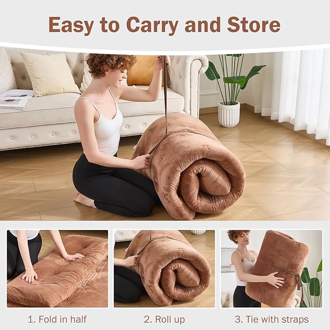 Japanese Floor Futon Mattress Queen Size 60"x 80", 2.5'' Thick Foldable Roll Up Floor Bed Sleeping Pad, 25D Foam Filled Tatami Mat with Straps for Guest Room, Dormitory & Camping, Brown