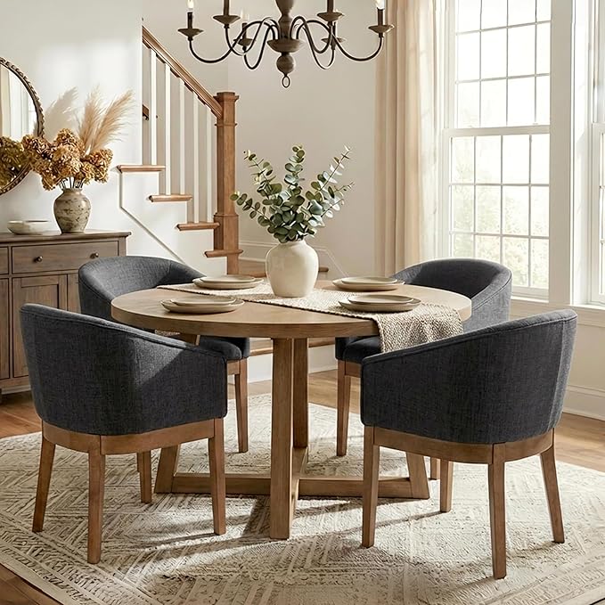 Mid Century Modern Upholstered Barrel Dining Chairs with Arms Set of 4, Farmhouse Linen Kitchen & Dining Room Chairs with Natural Hardwood Frame, 18" W Accent Chairs for Living Room Bedroom, Charcoal