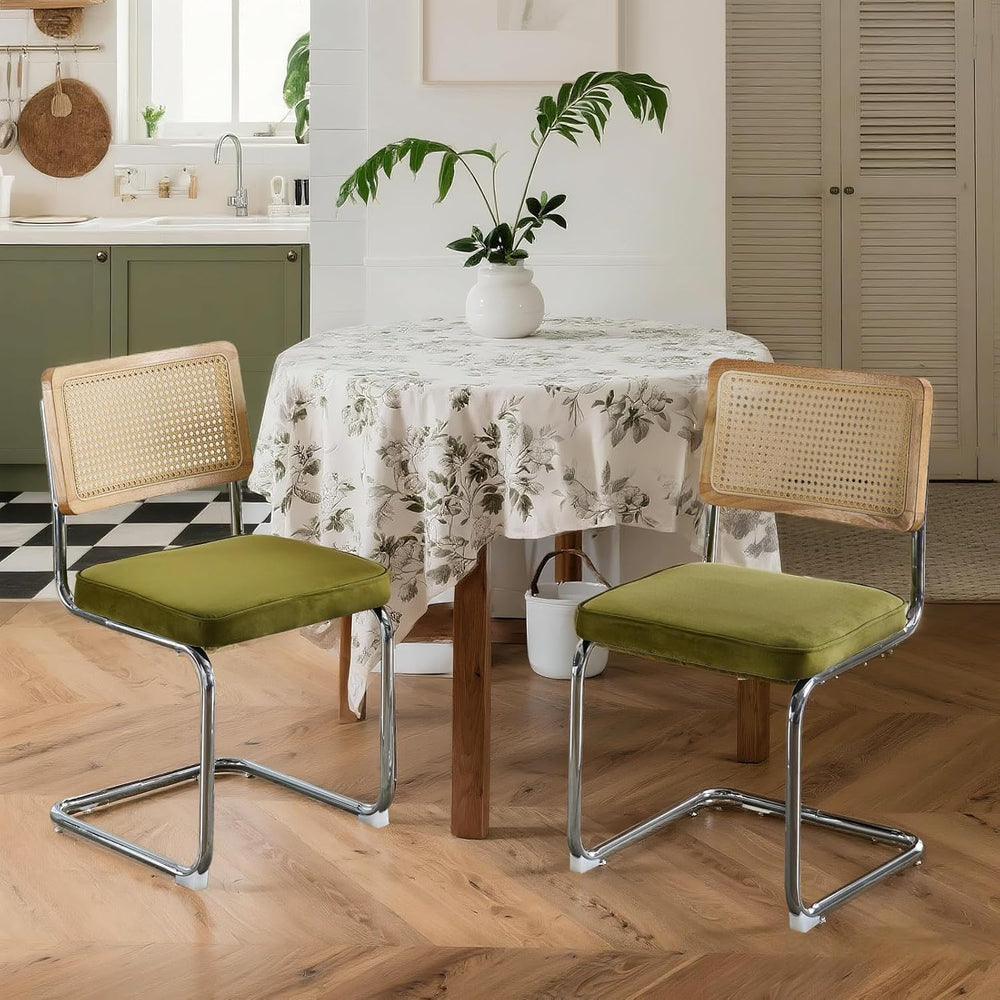Velvet Dining Chairs Set of 2 Handwoven Rattan Back Upholstered Seat&Chro...