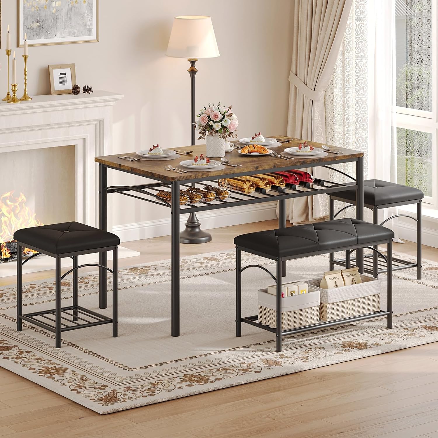 4-Piece Dining Table Set for 4, Industrial Table with Bench & Stools | 4-Piece Dining Table Set for 4, Industrial Table with Bench & Stools
