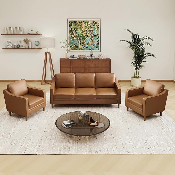 Kingfun Living Room Furniture Sets, 3 Seater Couch and 2 Armchair, Mid Century Modern Sofa Set, Faux Leather Couch with Solid Wood Frame for Living Room & Bedroom, Brown
