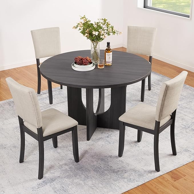 KEIKI 5-Piece Standard Height Dining Table Set with Round Table and 4 Upholstered Curved Backrset Chair, for 4 Person, Modern Wooden Table Set, Easy Assembly, for Kitchen, Dining Room, Beige+Black