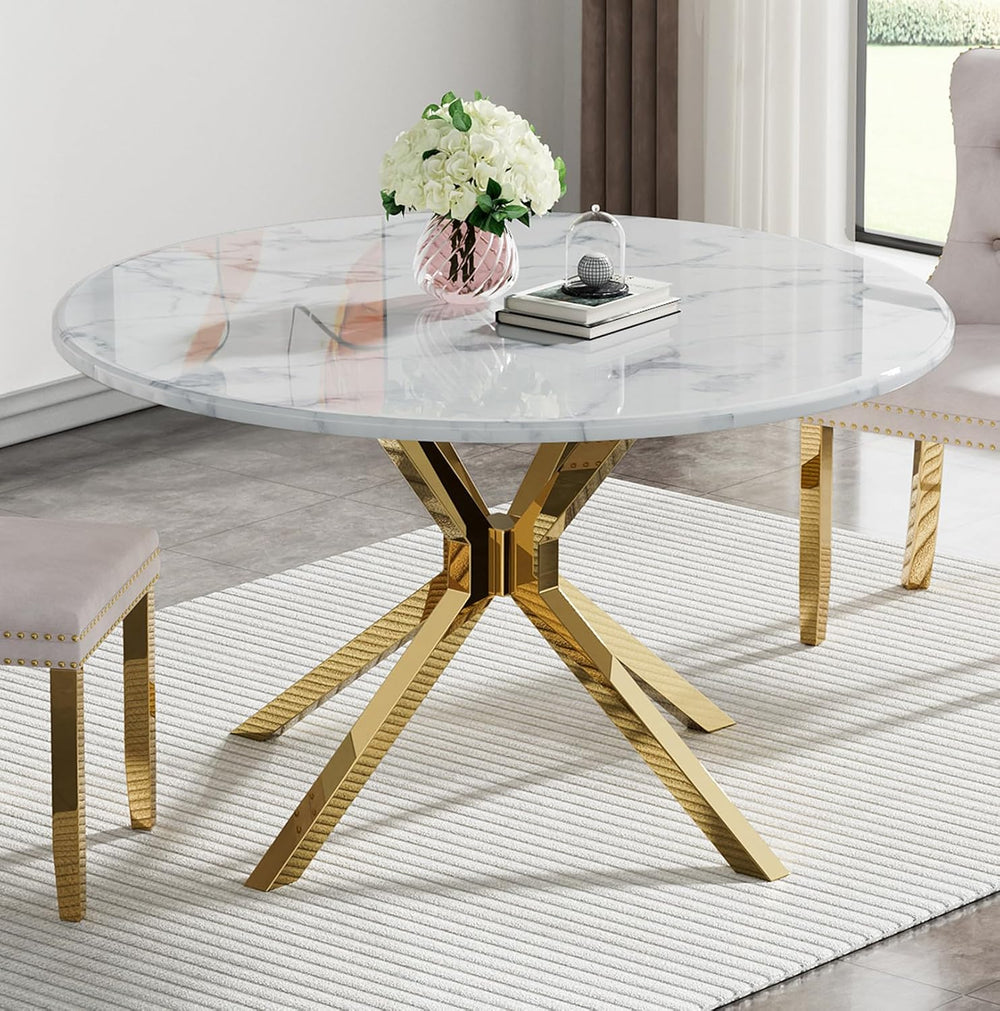 45" Marble Round Dining Table for 4 People, Modern Pedestal Kitchen Tabl...