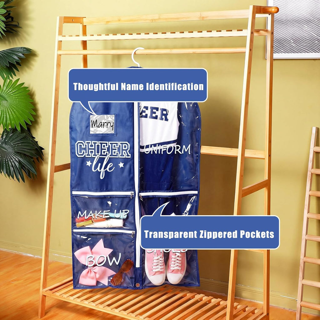Cheer Garment Bags for Cheerleading Uniform For Cheer Mom Waterproof Hanging Garment Bag for Dance Costumes 40 Inch Clothes Bag with 5 Pocket Travel Side Zip Storage Uniform(Nave Blue,White)