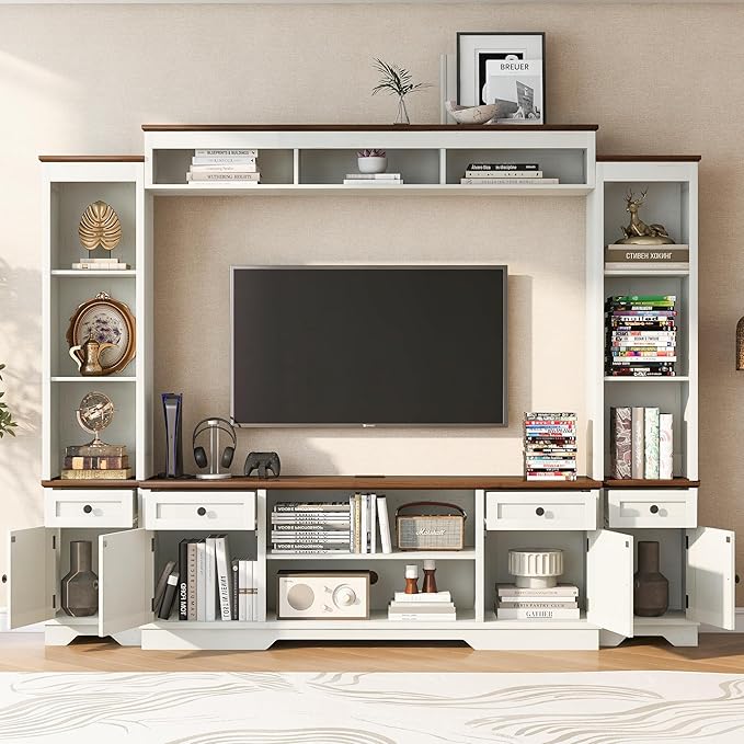 98.8" W Wall Unit Entertainment Center with Bookshelves for TVs up to 80", Modern TV Stand Media Console with Cabinets and Adjustable Shelves for Living Room (White+Walnut2)