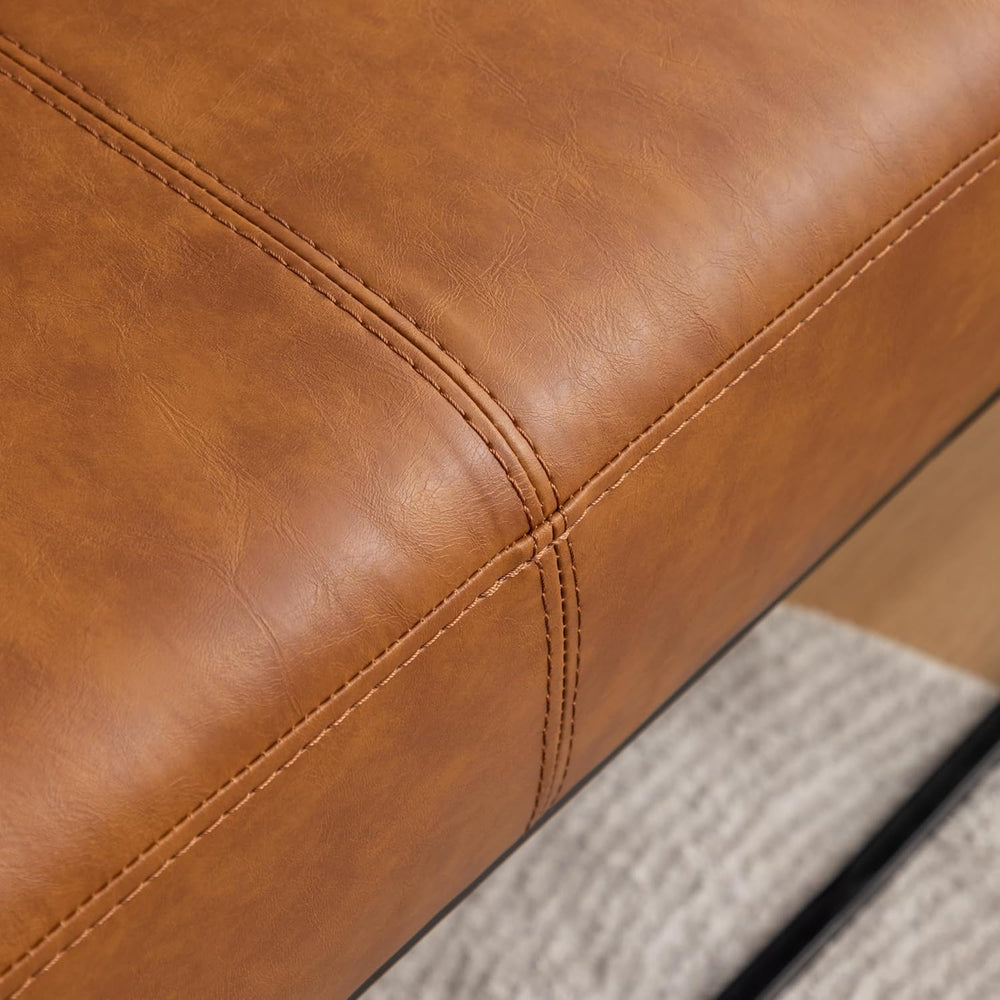 Leather Entryway Bench, Modern Long Faux Leather Ottoman Bench Seat with Meta...