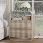 Grey Nightstand with Charging Station, Mid Century Modern Bedside Table & End Table, Fluted Wood Small Night Stand with 2 Hidden Drawers and Storage Shelf for Bedroom, Gray