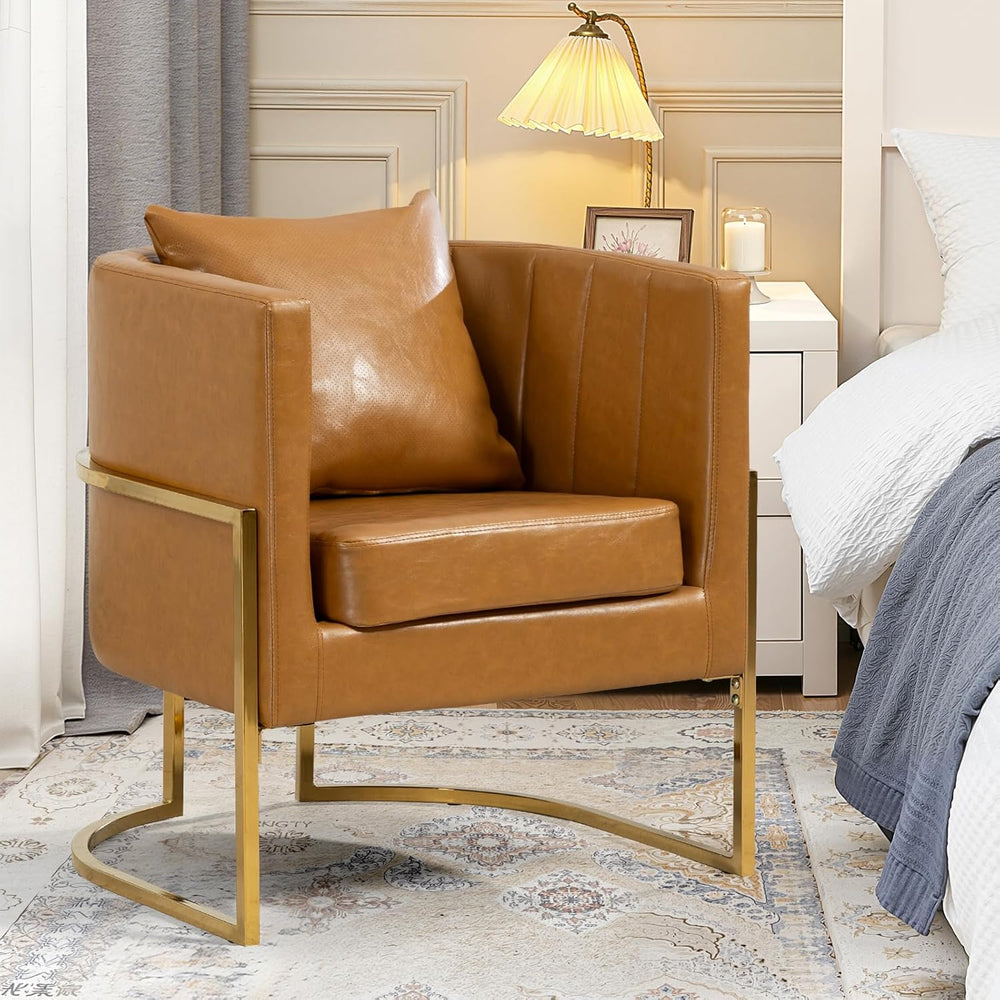 Leather Accent Chairs Set of 2, Mid Century Modern Upholstered Barrel Armchai...