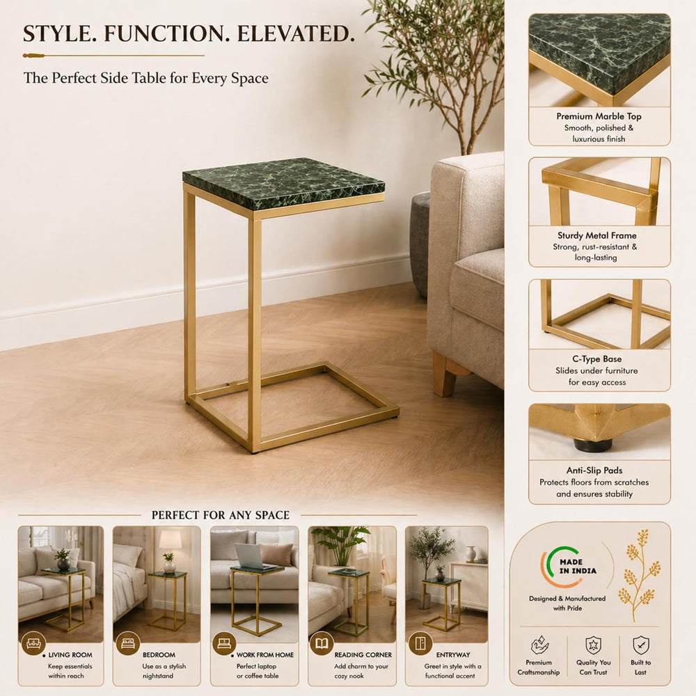 C Shape Table for Sofa with Green Marble Top | Decorative Side Table | End Ta...