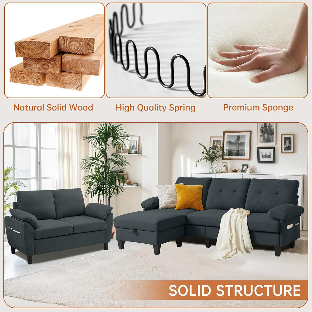 3 Piece Convertible Sectional Sofa Set, Modern Corduroy Small Couch with Mova...