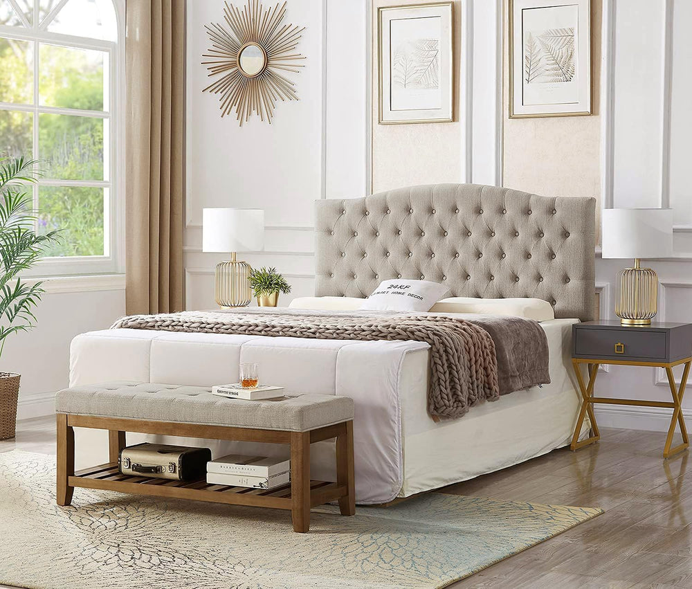 24KF Large Rectangular Upholstered Tufted Linen Fabric Ottoman Bench, Padded ...