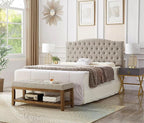24KF Large Rectangular Upholstered Tufted Linen Fabric Ottoman Bench, Padded Bench with Solid Wood Shelf-Linen