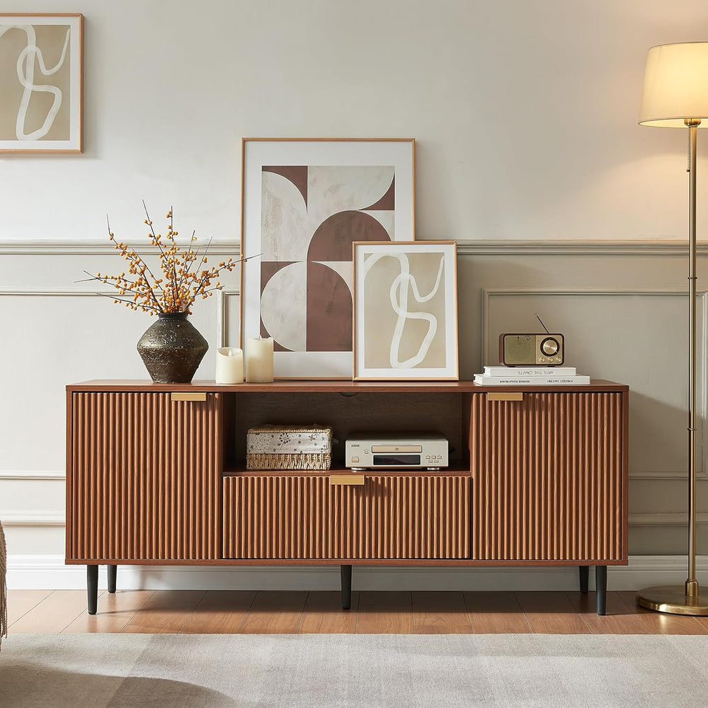 Okvnbjk Modern Fluted TV Stand for 65 Inch TVs with Drawer, Walnut | Modern f...