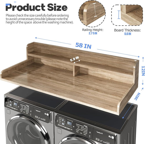 2-Tier Washer and Dryer Countertop with 2.75" H Guard,58" W x 28" D Laundry Countertop Cover with Non-Slip Pad,Large Space Laundry Topper for Folding Clothes Over Washer and Dryer-White Oak