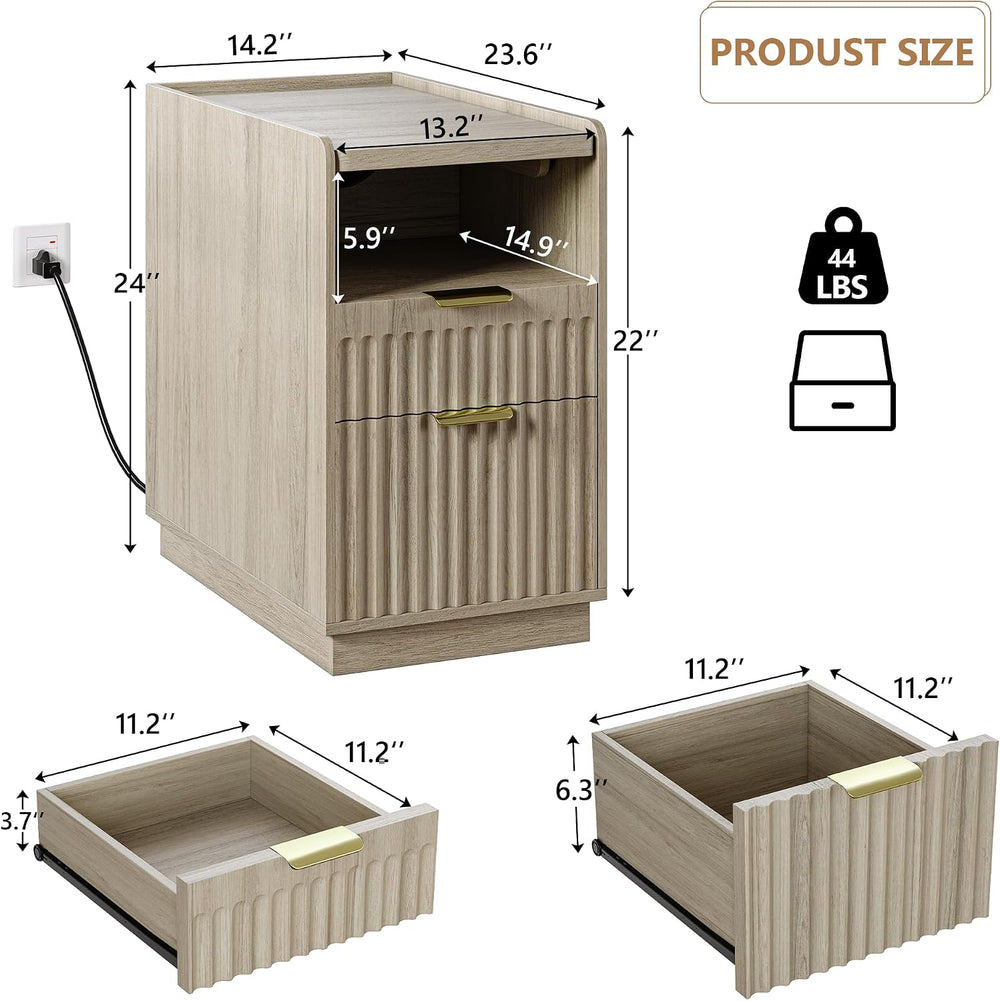 iPormis Fluted End Table Set of 2 with Charging Station, 2 Drawers Narrow Sid...