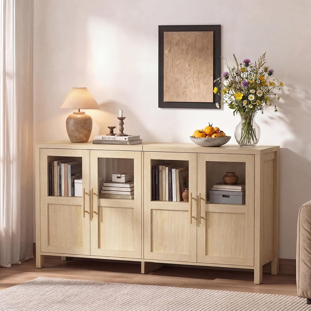 55" Sideboard Cabinet with Glass Doors, Large Buffet Cabinet with Storag...