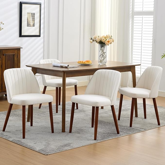 Wooden Dining Chairs Set of 4, Upholstered Kitchen Dining Room Chairs with Padded Seat and Wood Legs, Modern Fabric Side Dinner Chair for Kitchen, Dining Room, Restaurant, Cafe, Beige