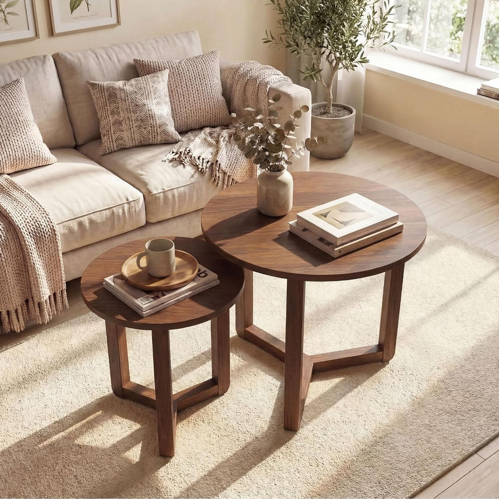 KOTEK Nesting Table Set of 2, Round Coffee Table for Living Room (Walnut) | M...