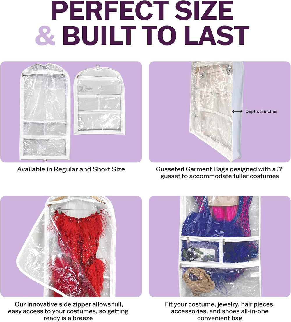 Clear Garment Bags for Dance Costumes 3-Pack, Gusseted, Short-Size, Side Zipp...