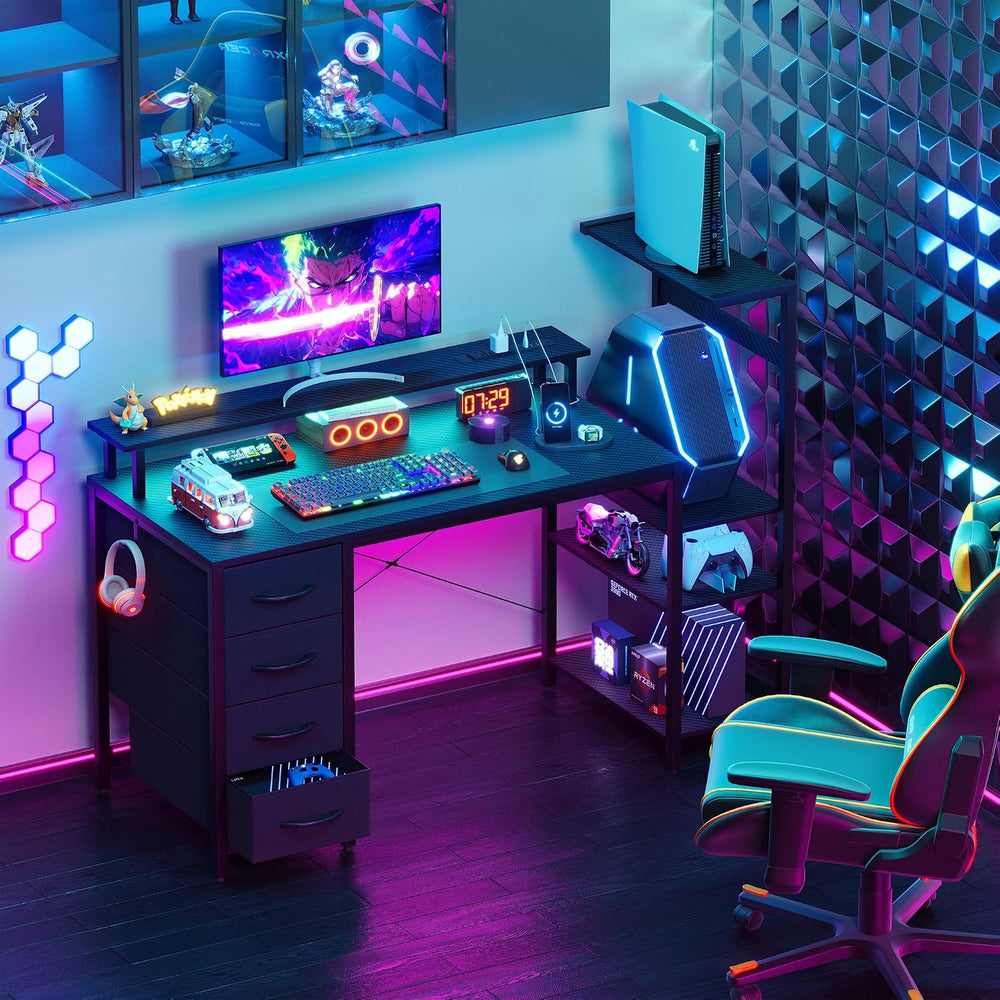 51 Inch Gaming Desk with Drawers & PC Tower Stand & LED Lights, Black