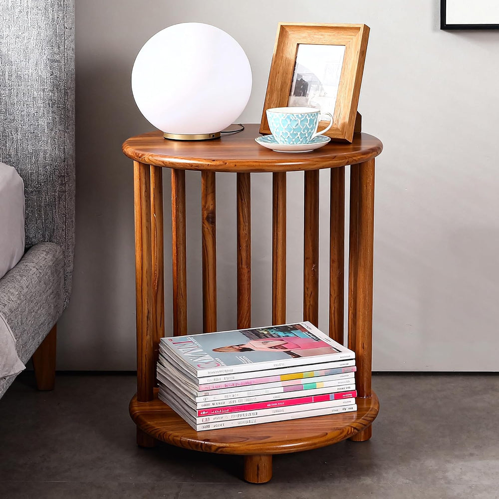 Round Teak End Table with Storage, Nightstand Sofa Side Table for Living Room...