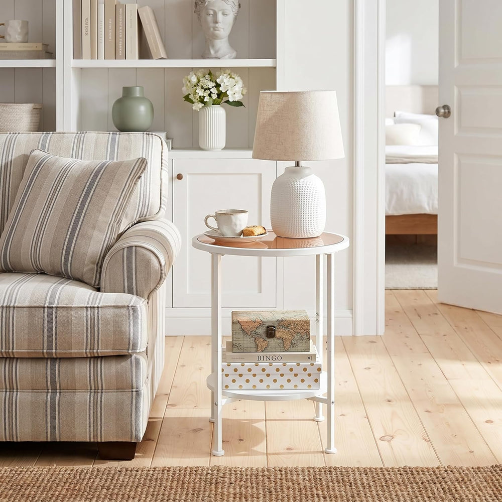 2 Tier Round Side Table with Tempered Amber Glass Top, White Metal End Table ...