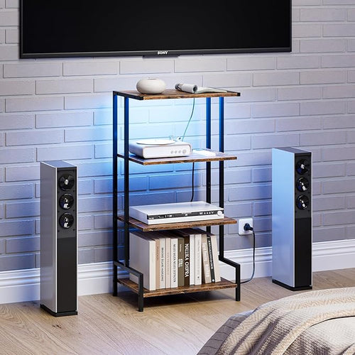 4-Tier AV Media Stand with Power Outlet and LED Lights,Wooden Stereo Stand Cabinet,Game Console Shelf for Small Space,Audio Rack Stand Tower Ideal for Video DVD Players,Xbox