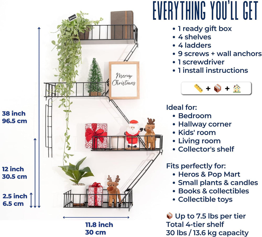 Fire Escape Shelf, 4 Tier Floating Ladder Shelf for Wall Decor & Storage