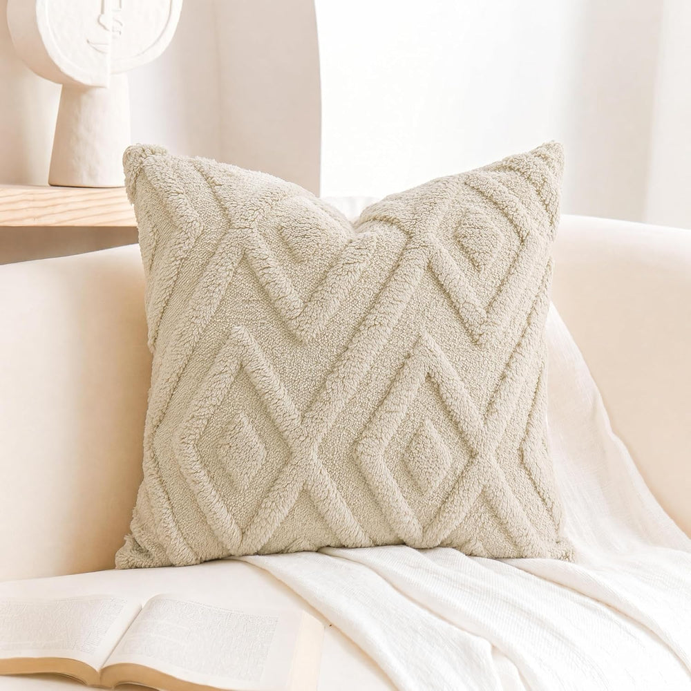 Set of 2 Faux Fur Beige Throw Pillow Covers 30x30,Soft Checkborad Pattern Dec...