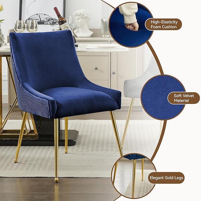 Velvet Dining Chairs Set of 4 Gold Legs,Upholstered Velvet Accent Chairs, Pleated Back Design & Gold Pull Handle, Mid Century Modern Chairs for Dining/Kitchen/Living Room,Blue