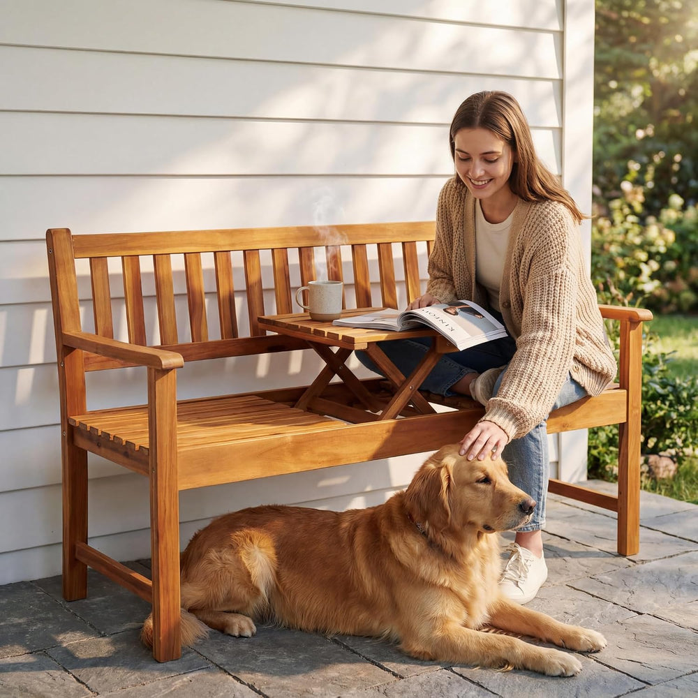 Devoko Acacia Wood Outdoor Bench, 2-Person Garden Bench with Pull-Out Table