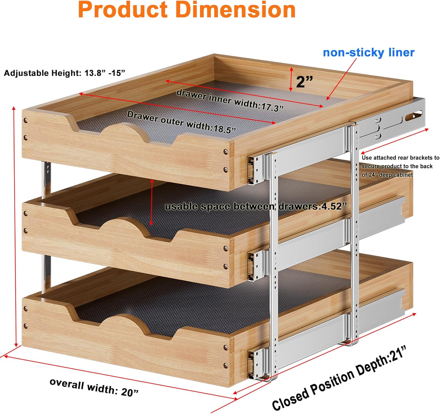 DINDON 3 Tier Pull Out Cabinet Organizer 20”W X21”D Slide Out Shelves With Shelf Liner for Kitchen Wood Roll Out Drawers Pantry Organization