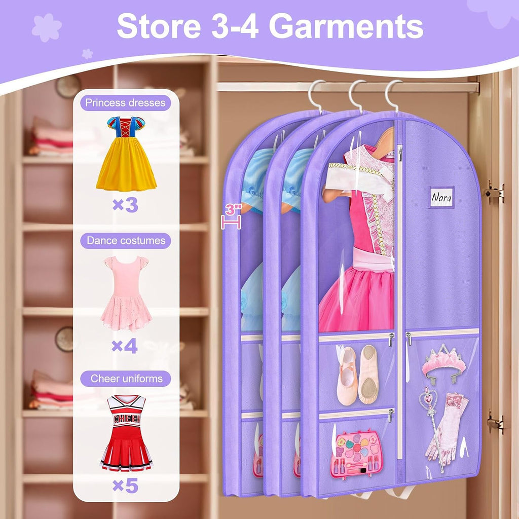 MISSLO Dance Garment Bags for Dancers 40" Garment Bags for Dance Costumes with 3 Pockets Cheer Uniform Garment Bag Hanging Kids Garment Bags for Competition, Travel, 3 Packs, Purple