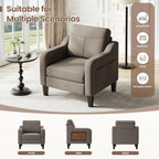 Accent Chair for Living Room Modern Linen Upholstered Armchair Side Wooden Fabric Sofa Chair with Foldable Table 2 Side Pockets Comfy Reading Chair for Bedroom