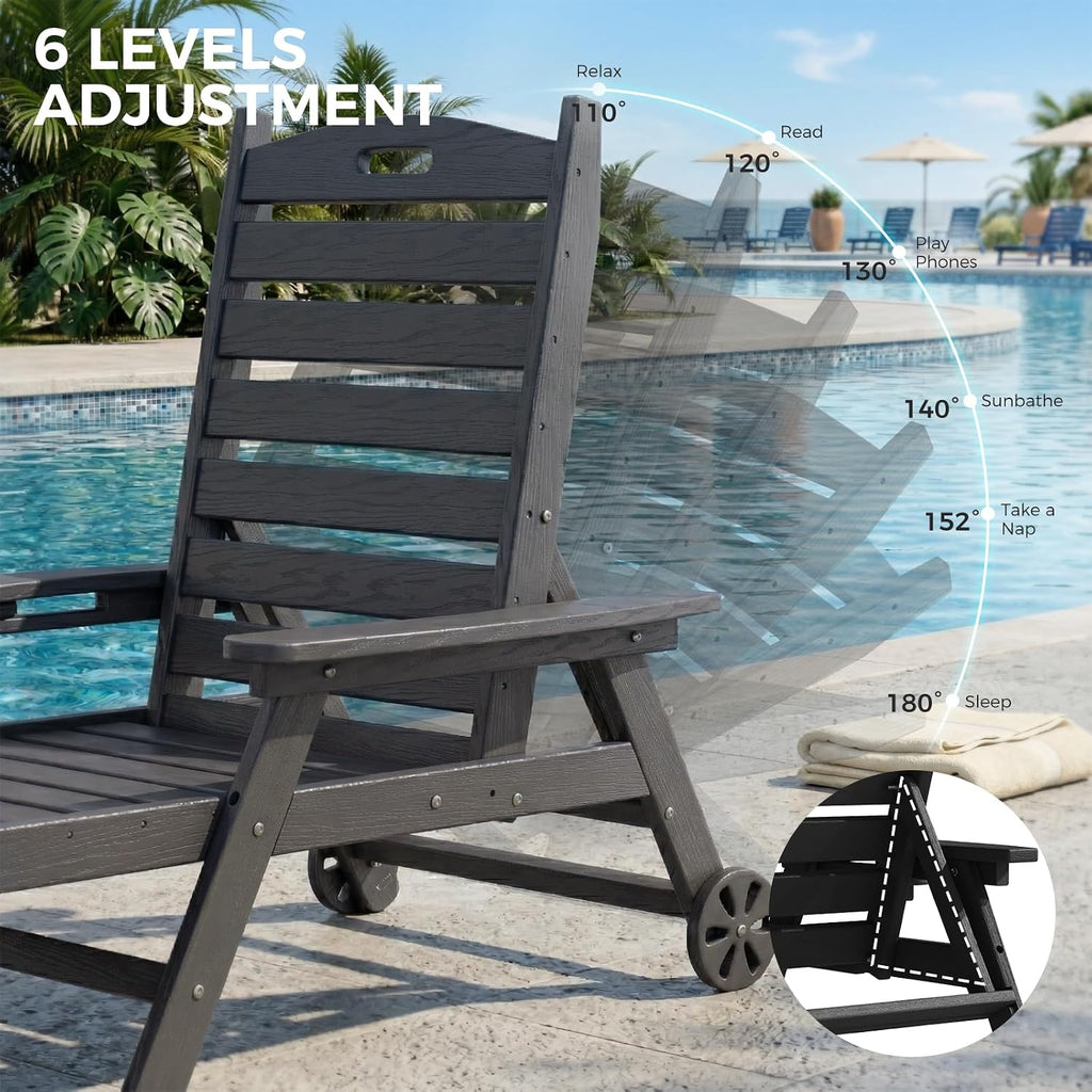 WACASA HDPE Pool Lounge Chairs with Wheels & Cup Holder, 6-Position Adjustable Outdoor Lounge Chair, Easy 20-Min Assembly, 450LBS Bearing, Patio Lounger Recliner for Poolside, Deck, Backyard (Grey)
