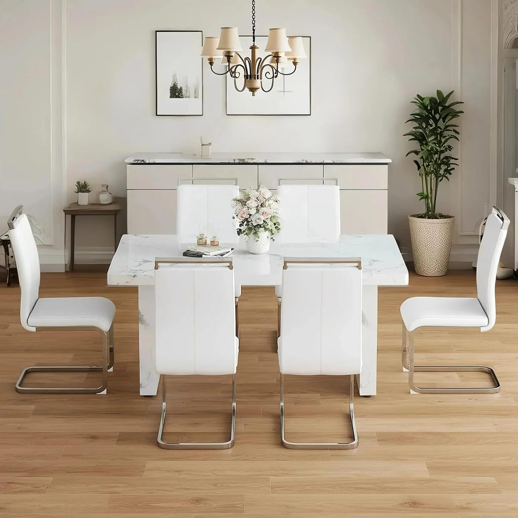 Modern Dining Table Set for 6, 63“ Dinner Table Set for 6, Marble Pattern MDF Kitchen Table Top and Base, Modern Dining Table Set with White Upholstered PU Leather Chairs,Easy Assembly