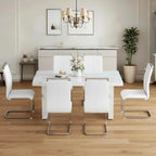Modern Dining Table Set for 6, 63“ Dinner Table Set for 6, Marble Pattern MDF Kitchen Table Top and Base, Modern Dining Table Set with White Upholstered PU Leather Chairs,Easy Assembly
