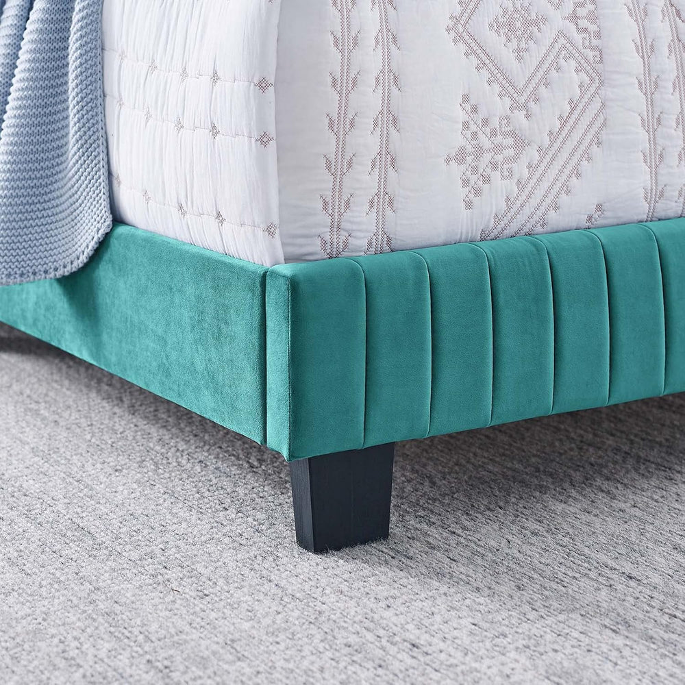 Tufted Platform Bed Frame, King Size, Velvet, Teal Blue, Modern Contemporary,...