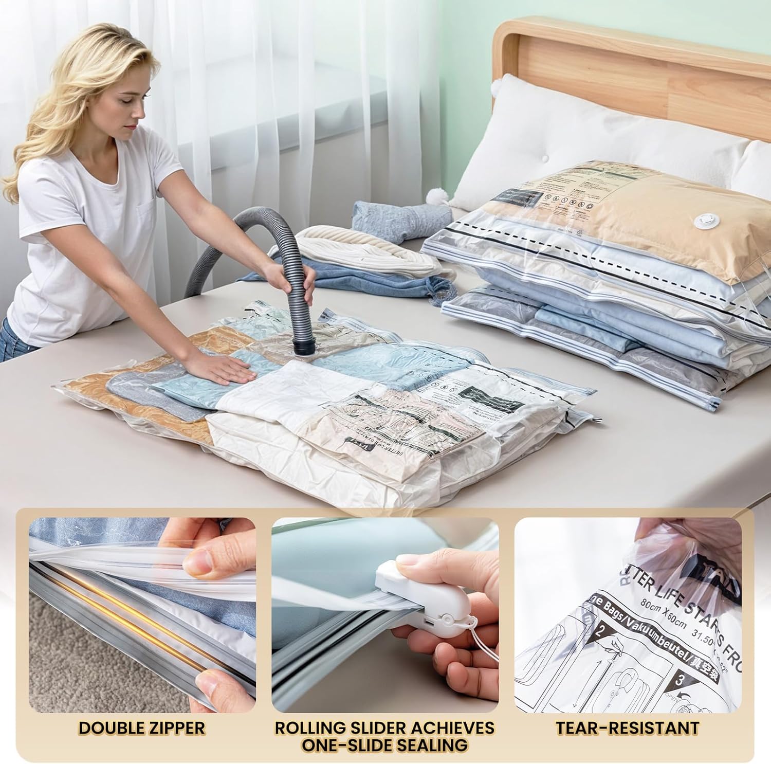 TAILI 8 Pack Vacuum Storage Bags, Jumbo Size 39x28 inch, LONG SIDE ZIP Vacuum Seal Bags for Beddings, Extra Large Storage Space Saver for Clothing, Comforters, Blankets, Pillows