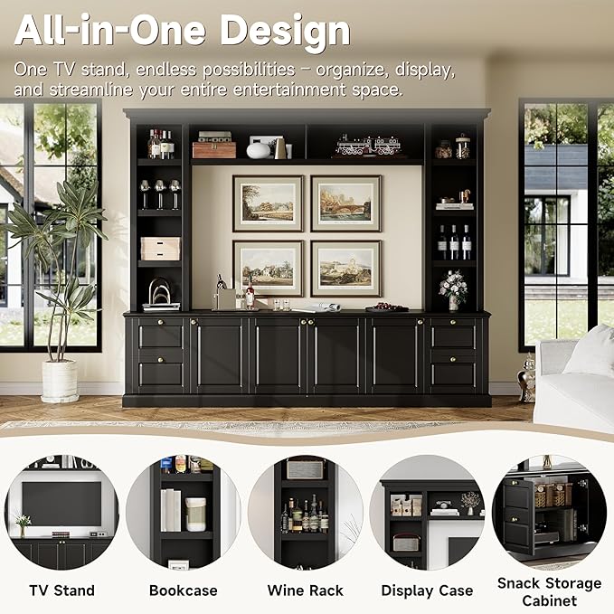 Marzzi Wall Unit TV Stand TVs up to 70", Modern Entertainment Center with 6 Doors Storage Cabinets, Bridge and Bookshelves, Large Media Console, Adjustable Shelves, Painted Finish