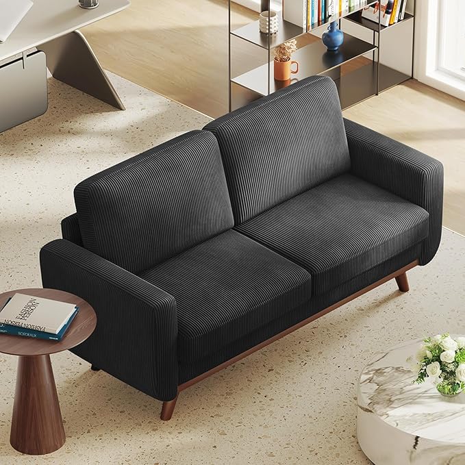Vesgantti 68" Loveseat Sofa Black, Comfy Corduroy Couch with Spring Cushion and Solid Wood, Modern Extra Deep Seat for Bedroom, Living Room, Office